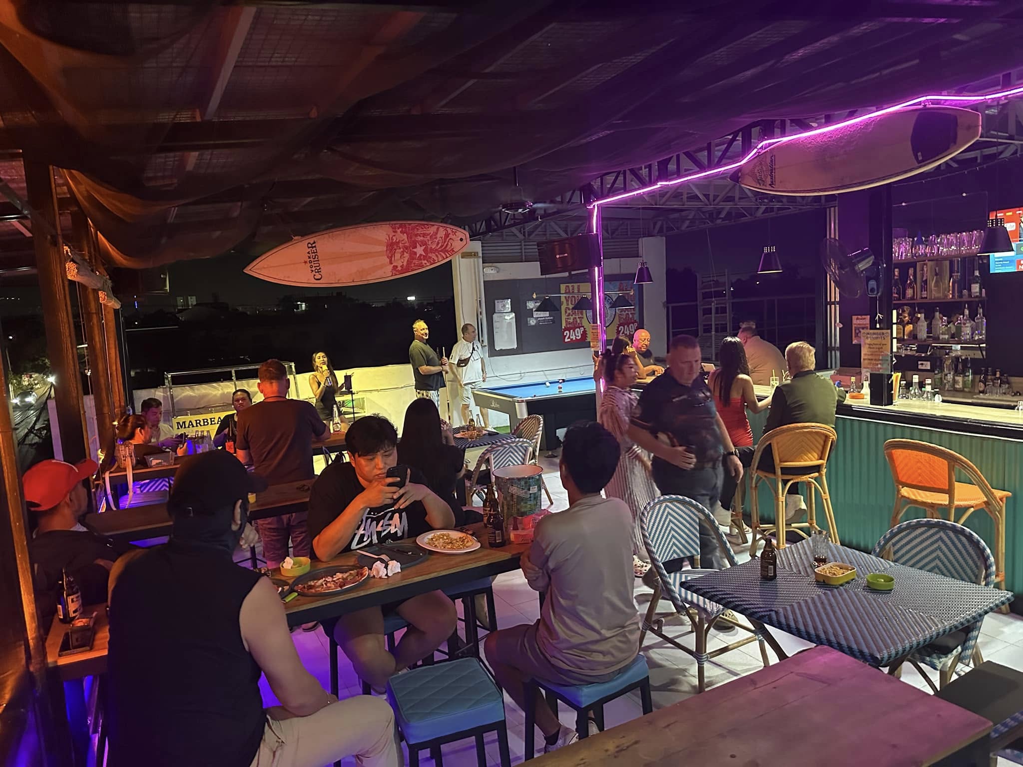 People enjoying a night on a rooftop bar