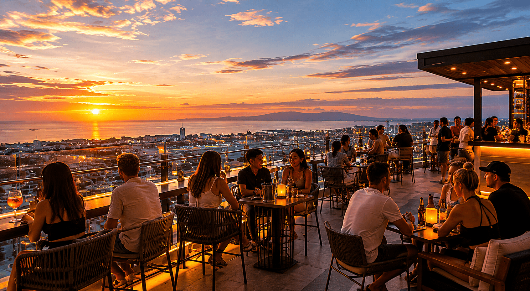 Cozy rooftop bar at sunset, with people enjoying the view