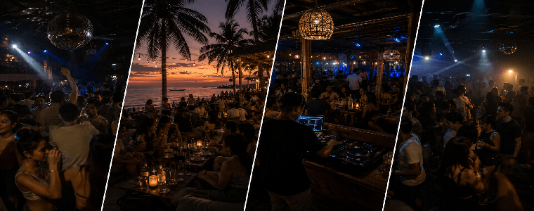 Collage of 4 images with club vibe in exotic settings