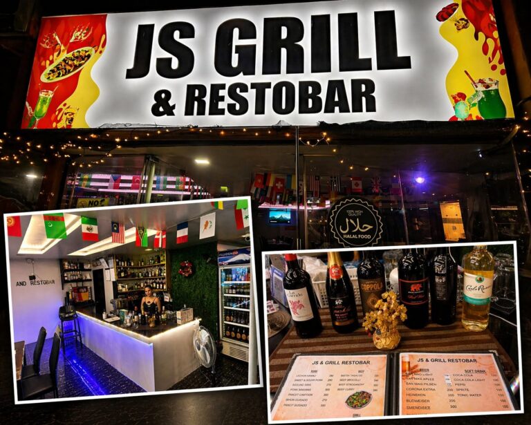 Collage of restobar with images from outside and inside the place