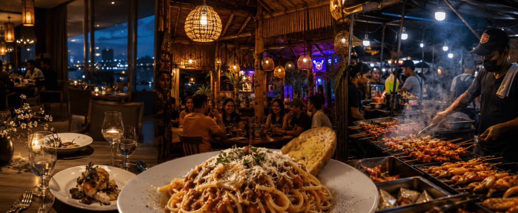 Collage of food places, foodstalls, restaurant and dishes