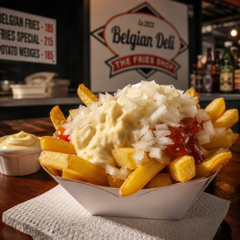 A bowl of french fries with onion and gravy